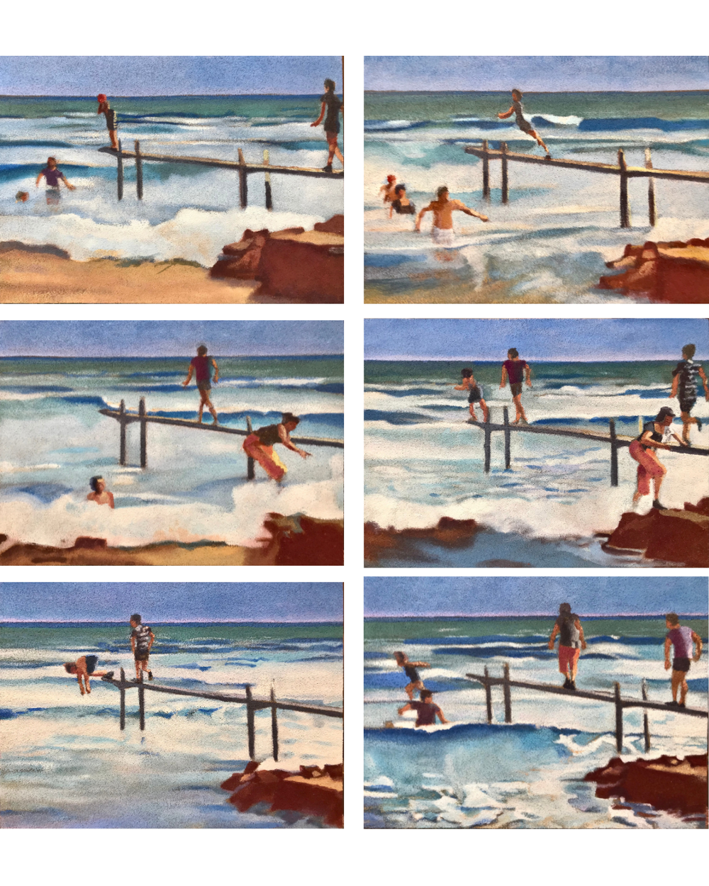 Série Baignade en mer, 6 x 23,5x45,5 cm, casein on sand on panel, 2024 — Claude Gazier