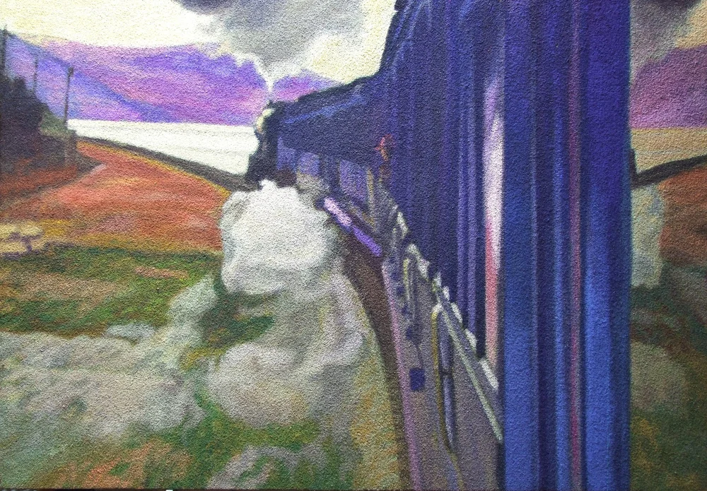 Train bleu, 75x106 cm, casein on glass sand on panel, 2023 — Claude Gazier