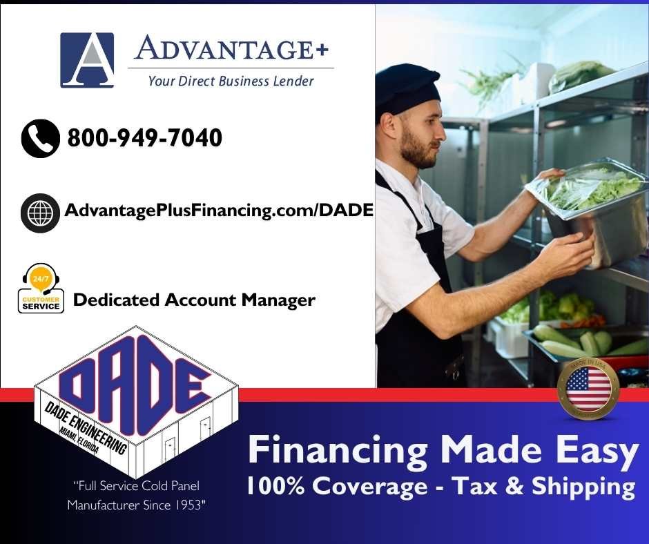 A business advertisement with a man inspecting vegetables in a commercial fridge on the right side. The left side contains contact information, a logo that says 'PADE', and promotional text about financing services, coverage, tax, and shipping.
