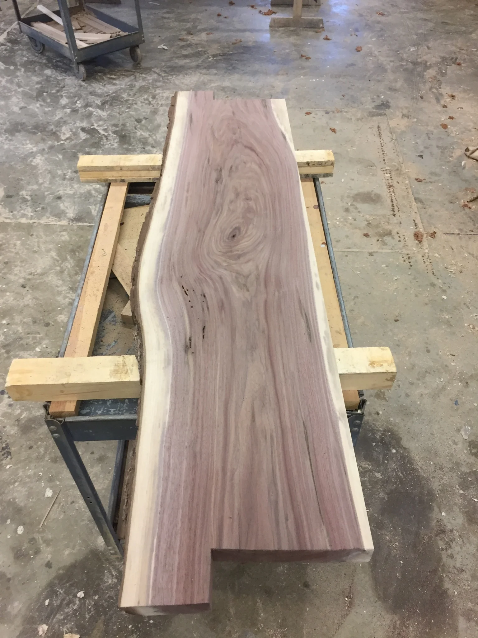 Straighten one edge (rough rip on the band saw, and true it up on the jointer). Cut to shape. We cut this one to fit the template for the counter-top.