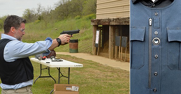 Left photo: The data recording system is tested with live ammunition by BodyWorn Chief Operating Officer Anthony Baldoni during a recent demonstration at Elm Fork Shooting Sports. Right Photo: Body camera recording system by BodyWorn has the ability to record police interactions without an officer being able to shut off or mute the footage.