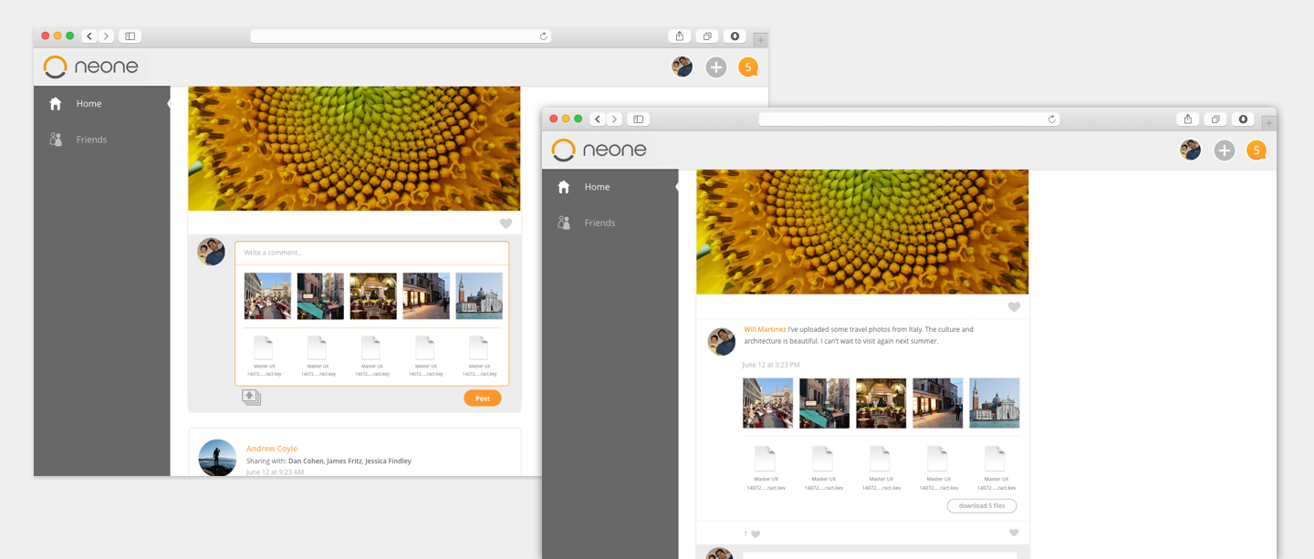 Neone allows the user to upload any file type to their feed. This is a combination of files and photos.