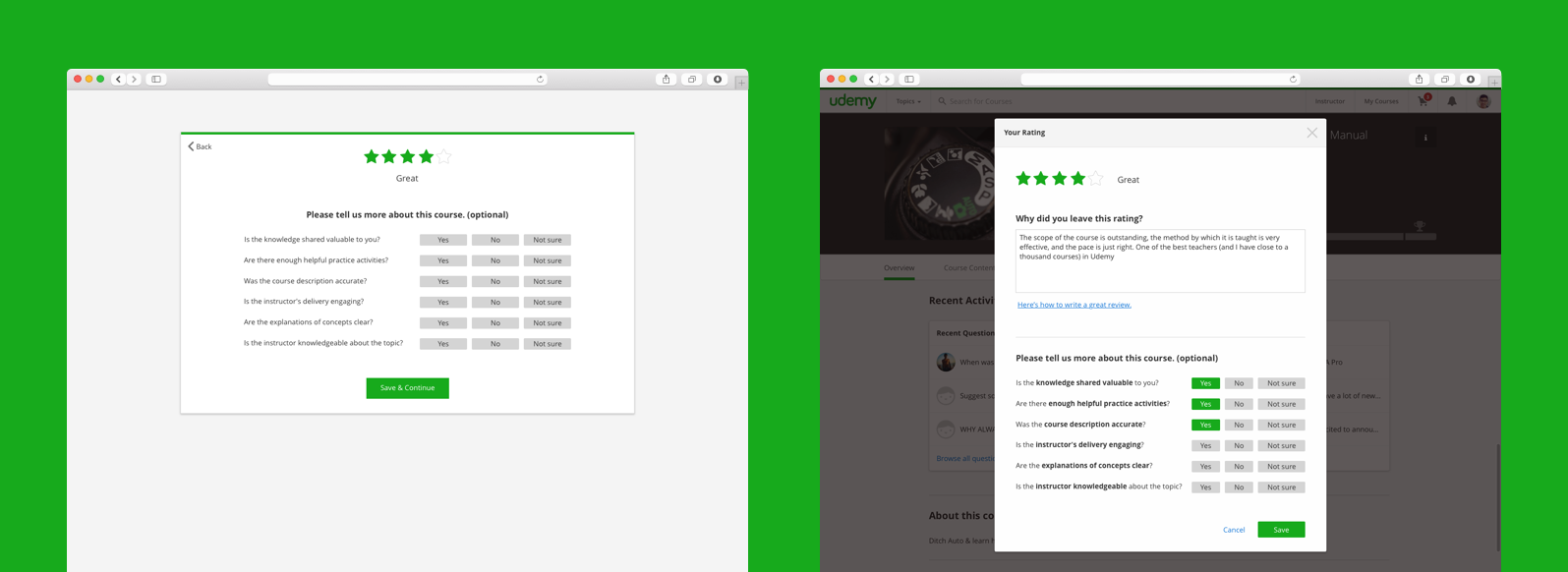 Course review redesign to help instructors improve courses. We found out that students often leave low course reviews with no written feedback. We wanted to solve this problem by introducing an easy way to leave feedback by asking question prompts.