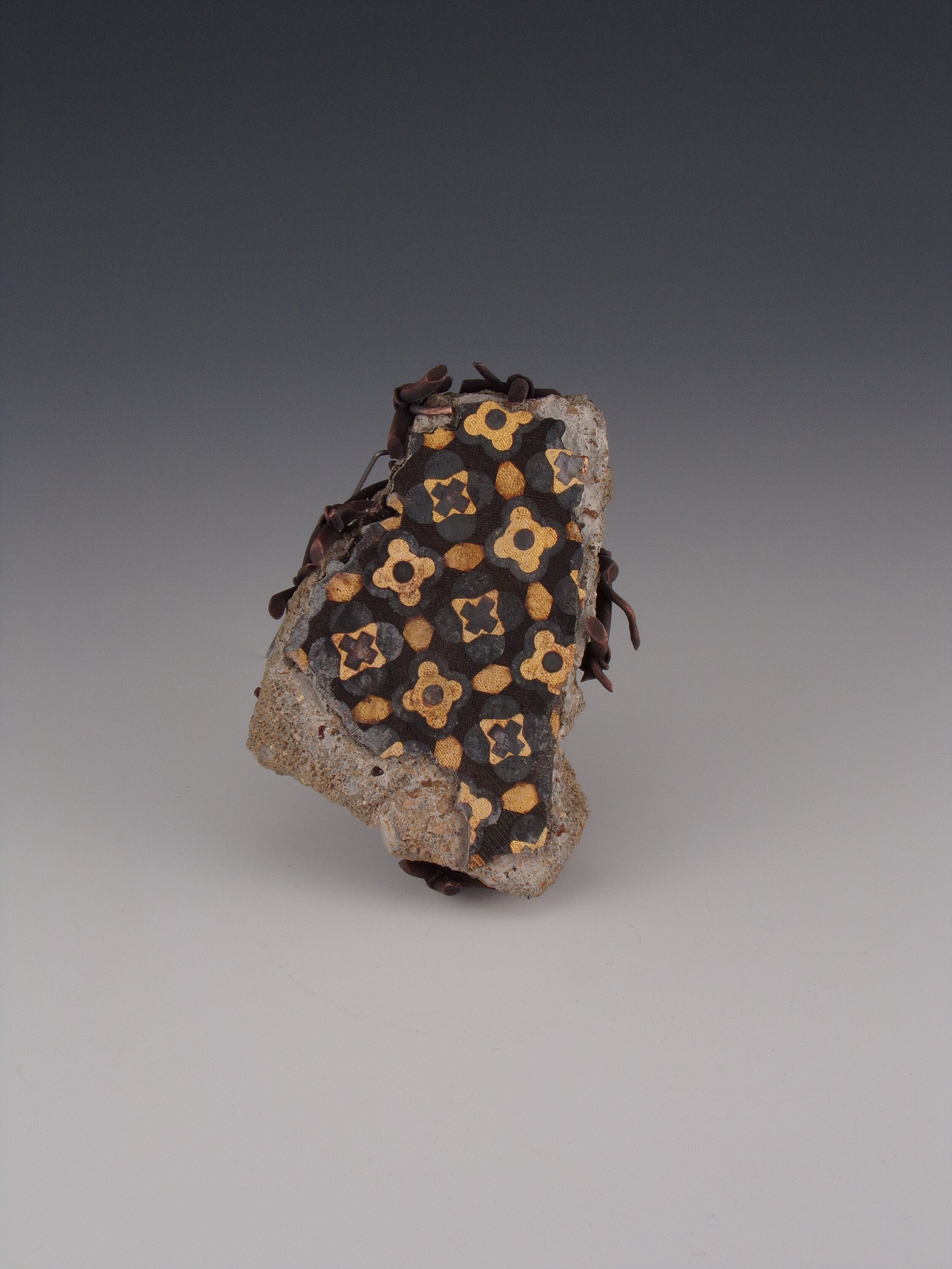 Fragments #2, 2.75” x 2” x .75”, steel, silver, gold (damascene), copper, cast cement, 2018
