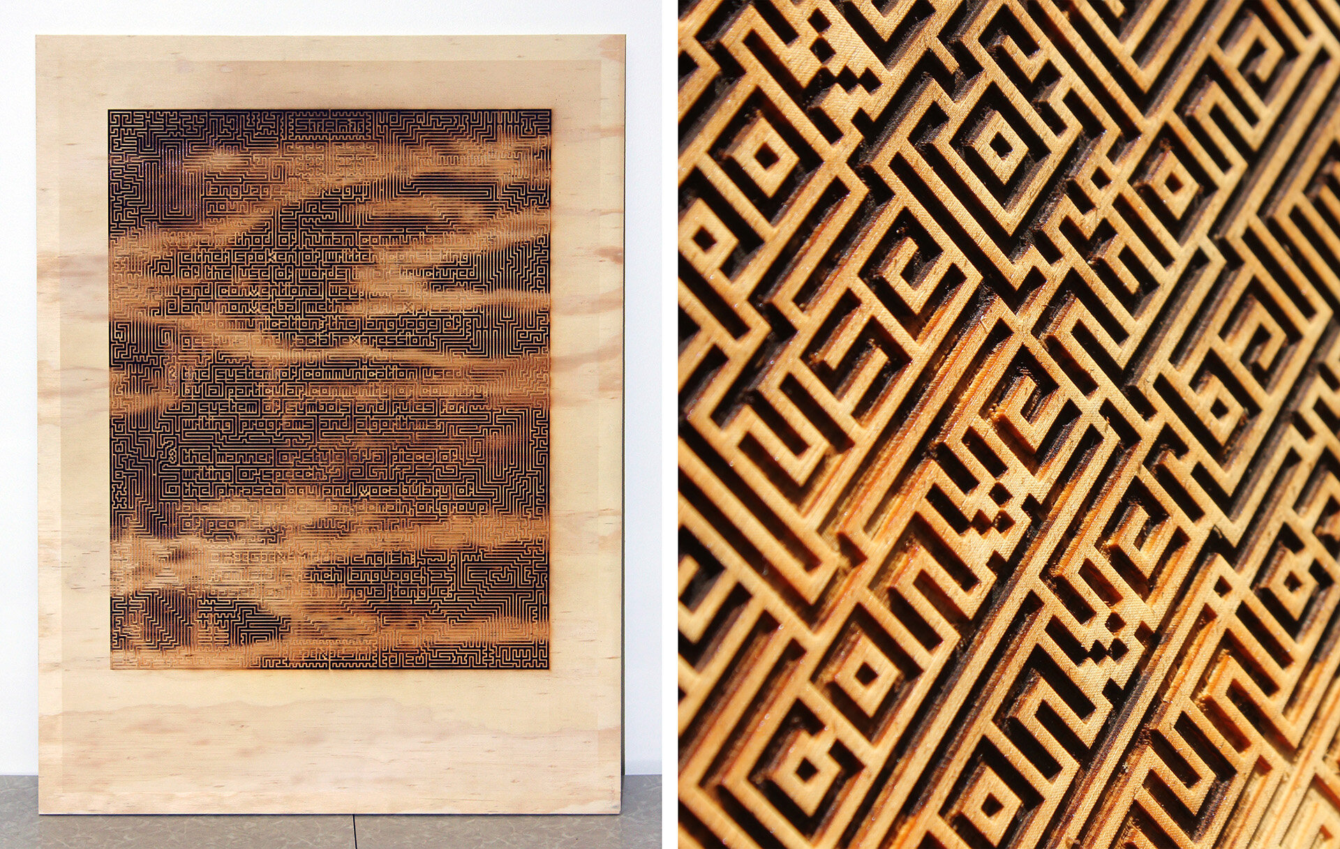 Language Maze, 32"x24", etched wood, 2018