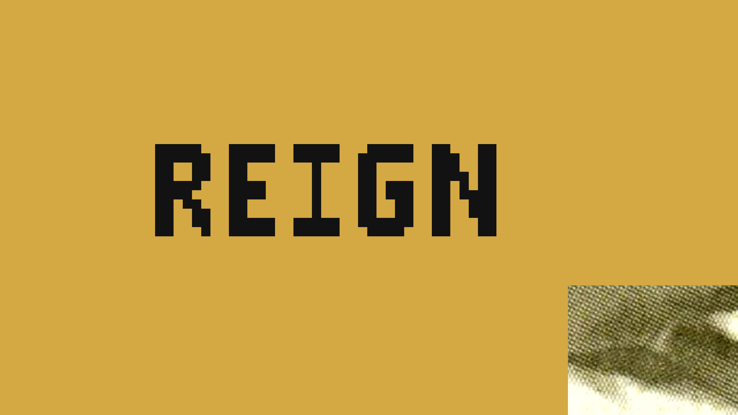 Pixelated text that appears to spell 'REIGN' on a mustard yellow background.