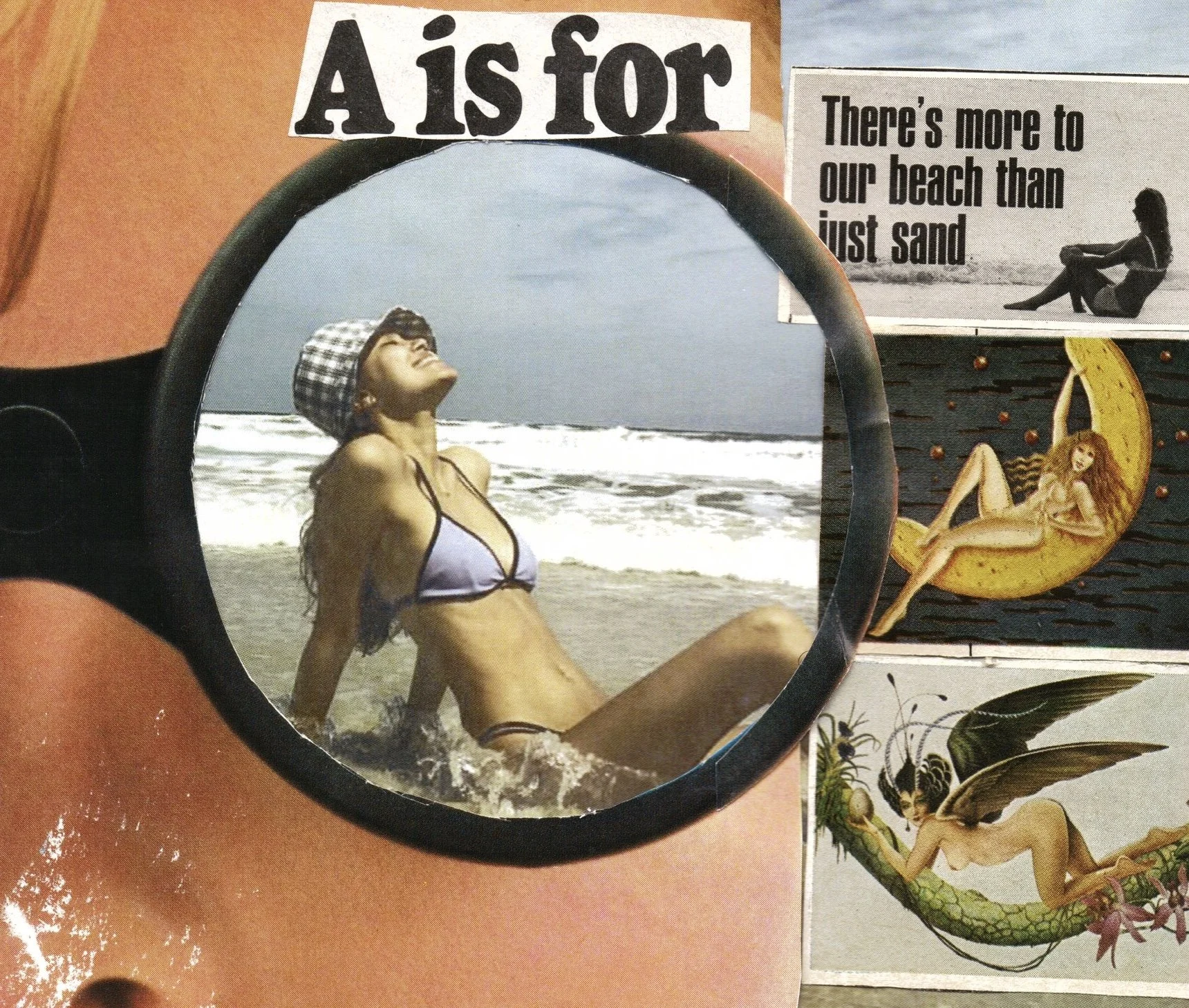 A photo collage featuring a woman relaxing on the beach, a vintage-style poster of a woman sitting on sand, and a fantasy illustration of a woman with wings riding a snake.
