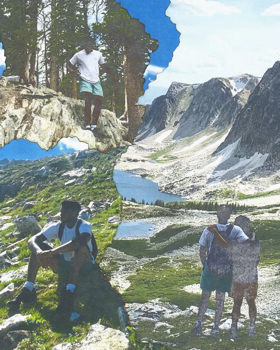 Collage of three outdoor scenes with friends exploring mountains, lakes, and forests.