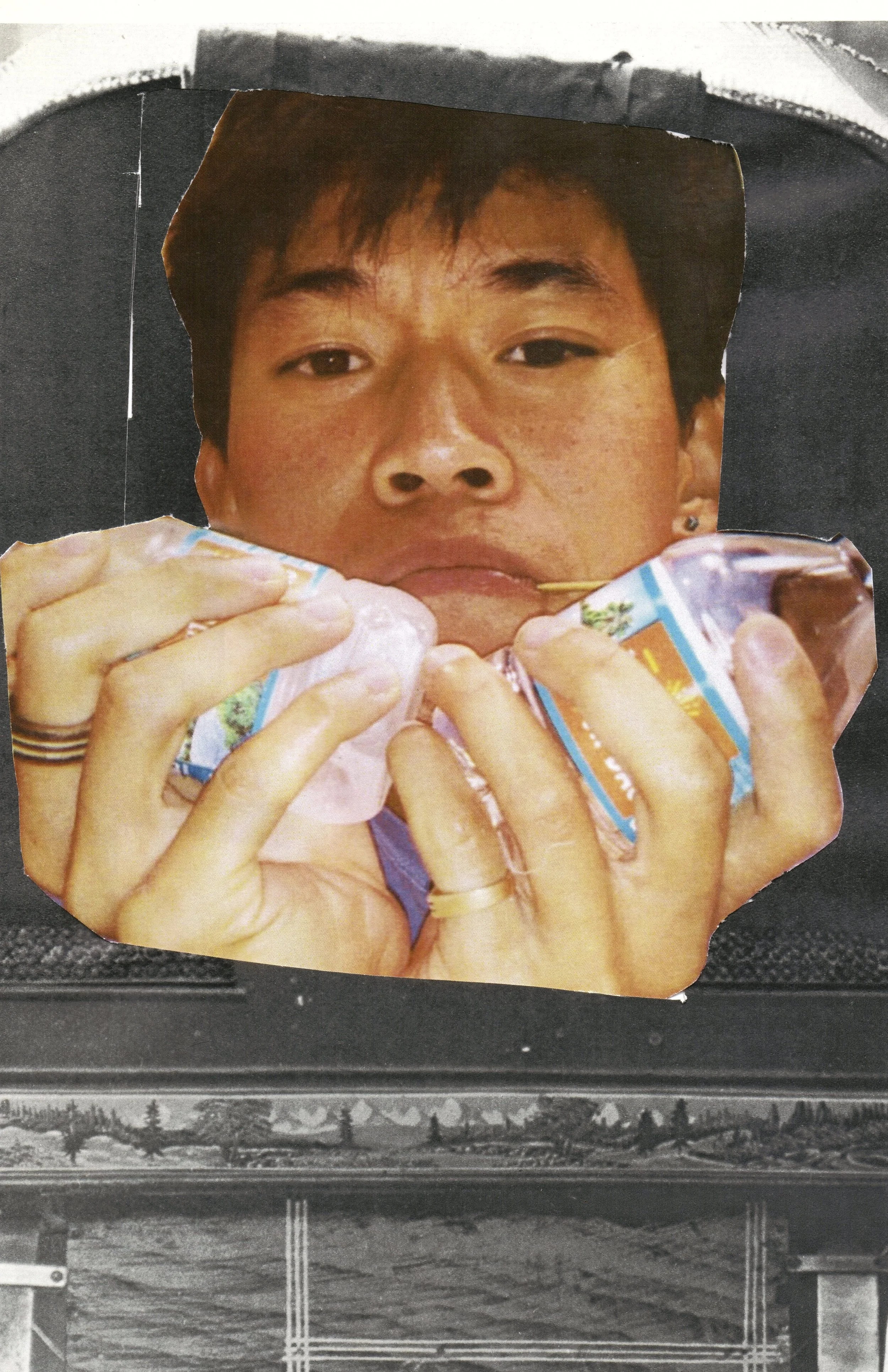 Image of a person holding a colorful snack pack with a close-up of their face, surrounded by a torn outline. The background includes a black and white photograph of a line of trees and utility poles.