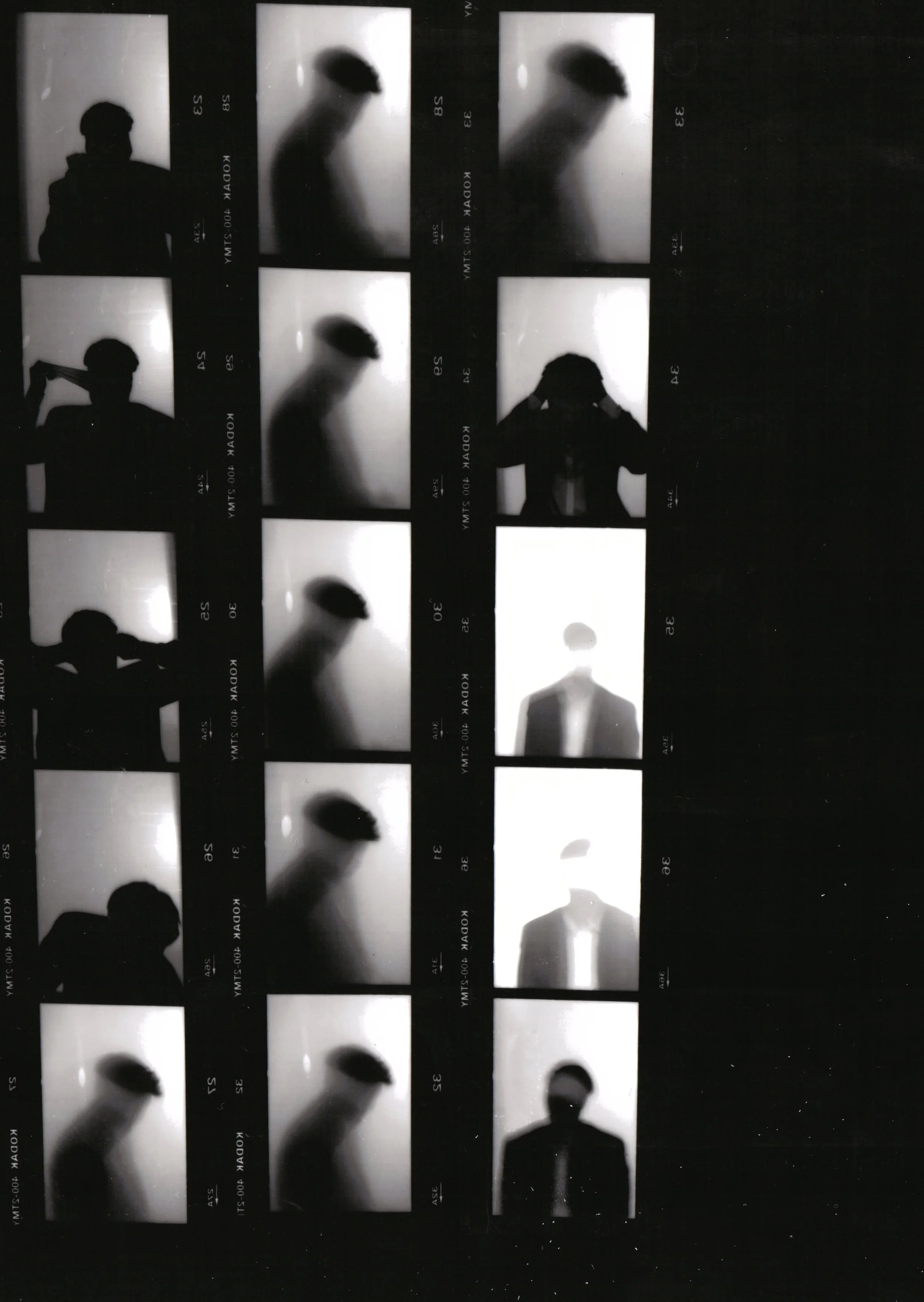 Black and white contact sheet featuring multiple silhouette photographs of a person in different poses, including standing, adjusting their hair, and looking down.