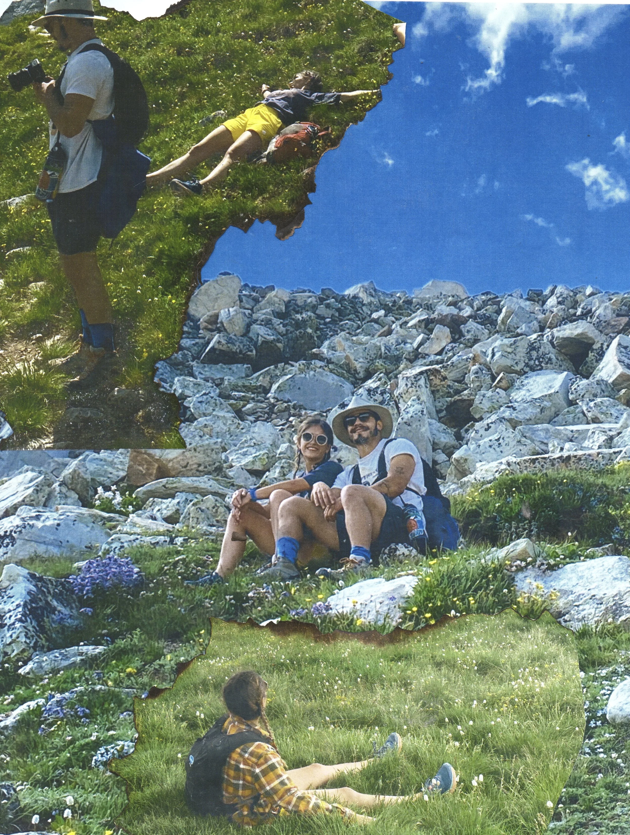 A collage of four hikers in mountain scenery during daytime, with rocky terrain, green grass, and a blue sky with clouds.