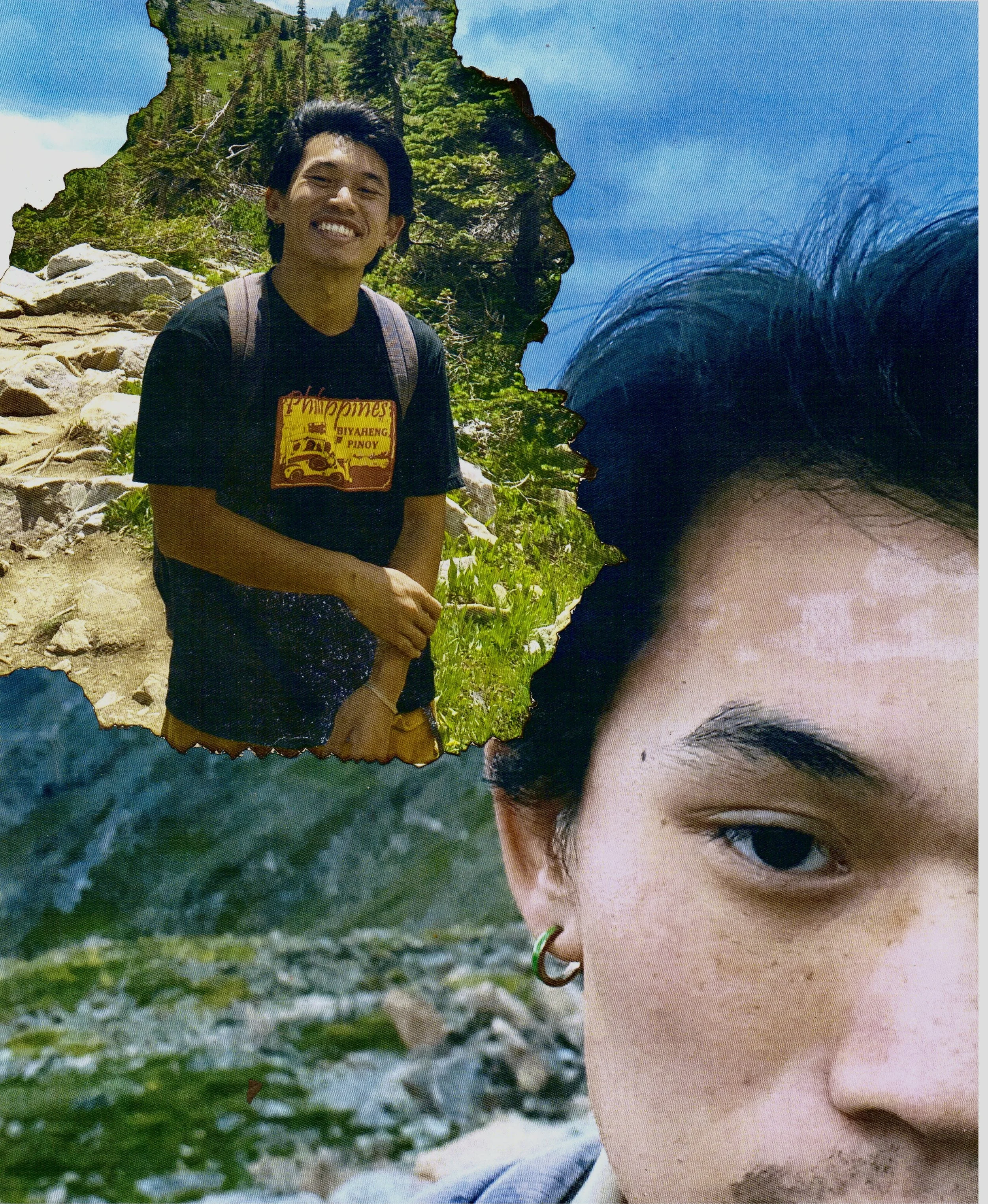 A collage with a photo of a smiling young person wearing a backpack, and a partial face of a woman with closed eyes. The background is outdoors with trees, rocks, and water.