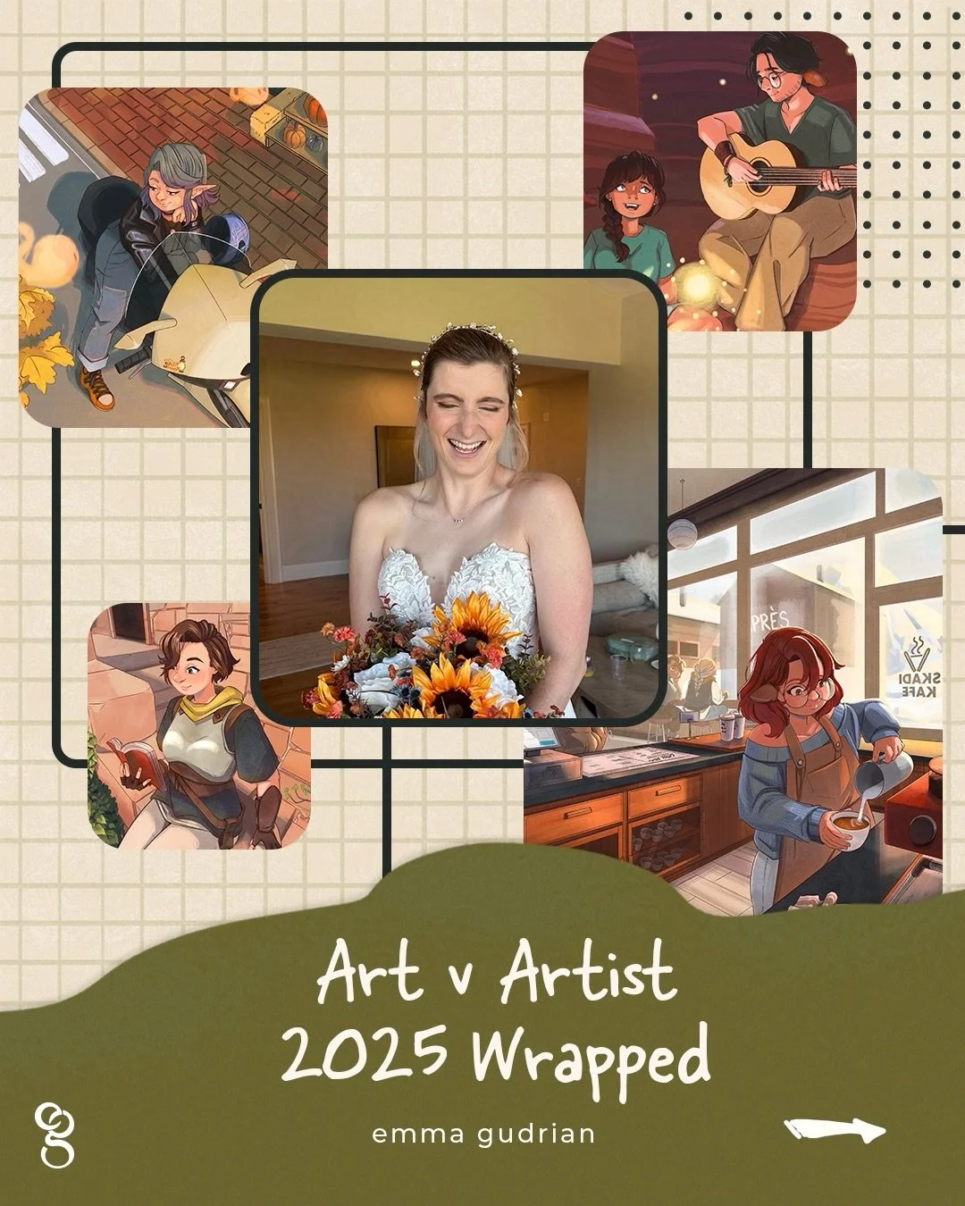 A collage of images featuring Emma and her wedding dress, holding sunflowers, along with some different kinds of character designs