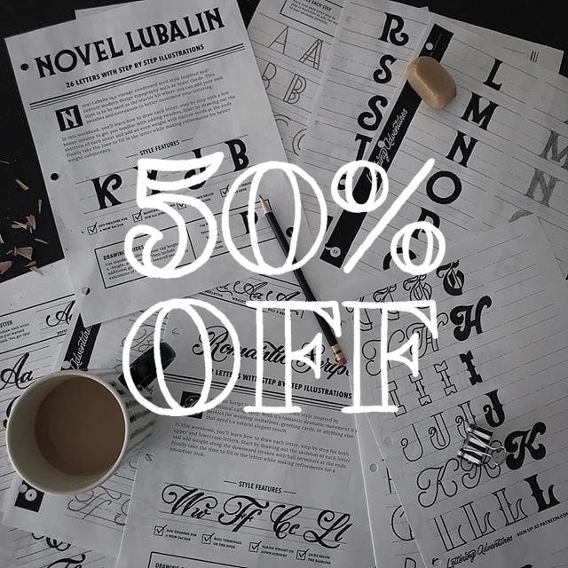 Learn lettering faster and cheaper with the help from my digital workbooks now on sale. 
Use code LETTERLOVER for 50% off all of my lettering workbooks for the next week!
I have over 20 digital workbooks to choose from teaching you how to draw