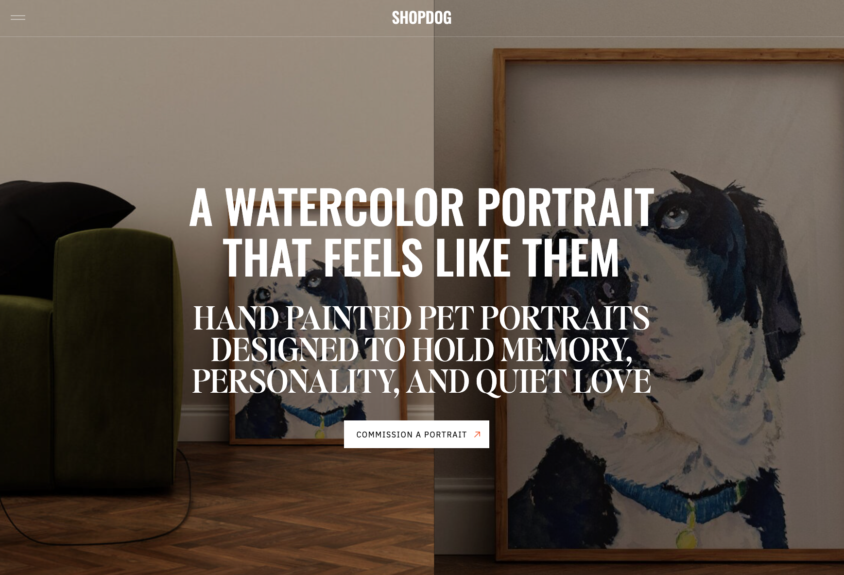 A screenshot of a homepage that's all about watercolor portraits for dogs, but shows a really good example of product photography and how to market yourself as an artist
