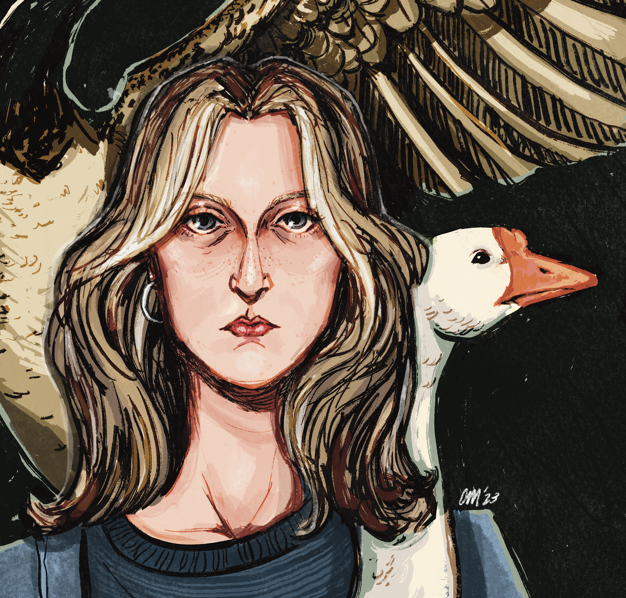 A digital illustration of a woman with long wavy blonde hair, blue eyes, and a serious expression, standing next to a duck with a white face and orange bill, set against a background of leaves and feathers.
