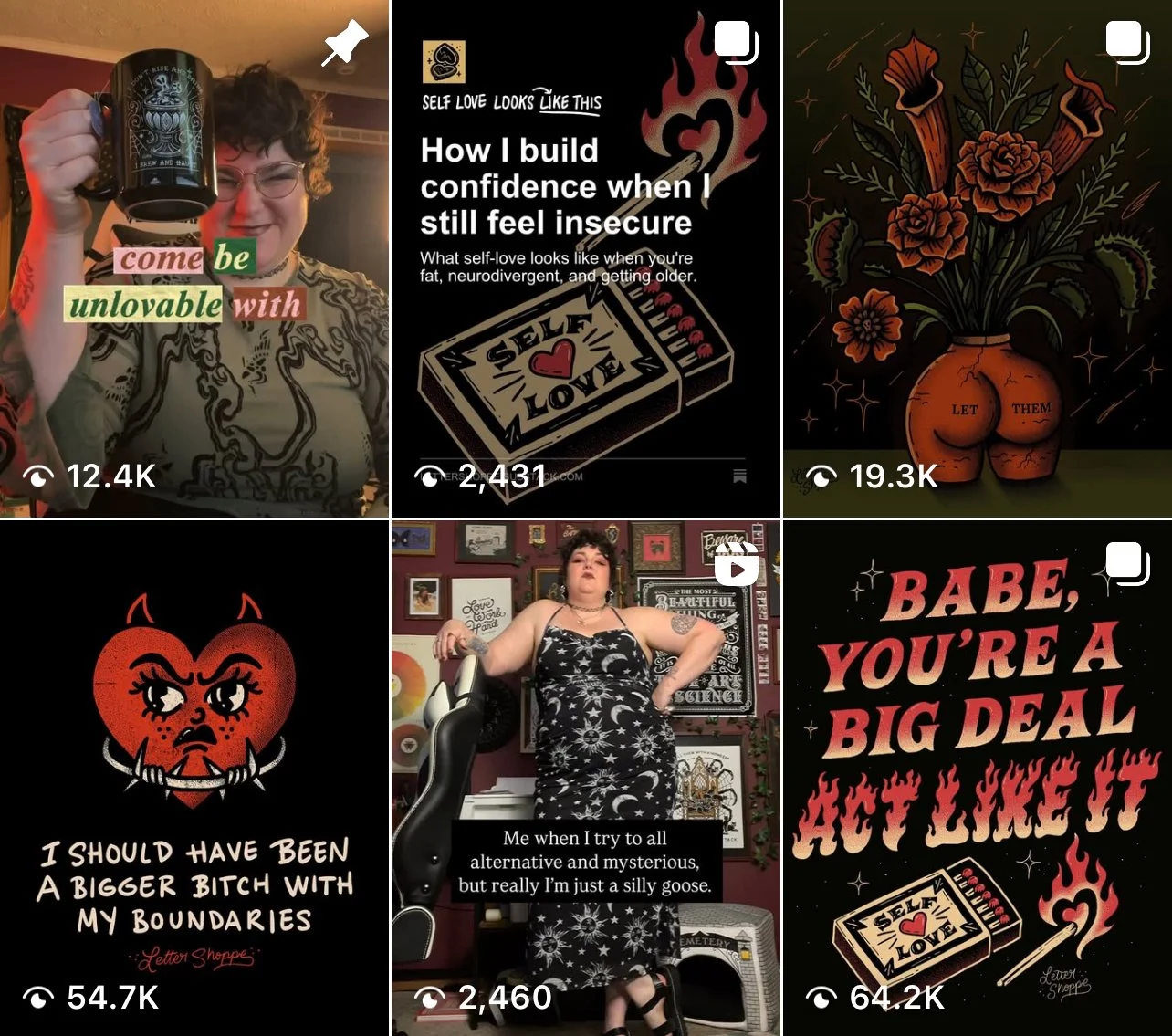 A collage of six images with messages about self-love and confidence. The first image shows a woman smiling and holding a mug. The second is a graphic with a matchbook and text about building confidence while feeling insecure. The third features a drawing of a flower bouquet with the words 'LET THEM' on a vase. The fourth has a cartoon heart with devil horns and text about boundaries. The fifth shows a woman sitting confidently in a dress, with text about being a silly goose. The sixth is a graphic with flames, a matchstick, and text praising a loved one.