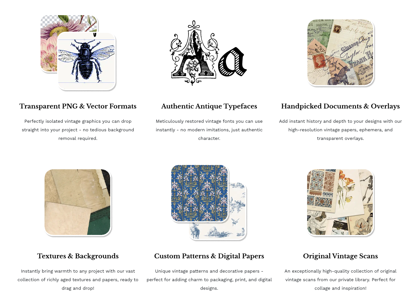 A screenshot from century library.com, mentioning the benefits of the website, such as vector, formats, antique type faces, textures and backgrounds, and original vintage scans