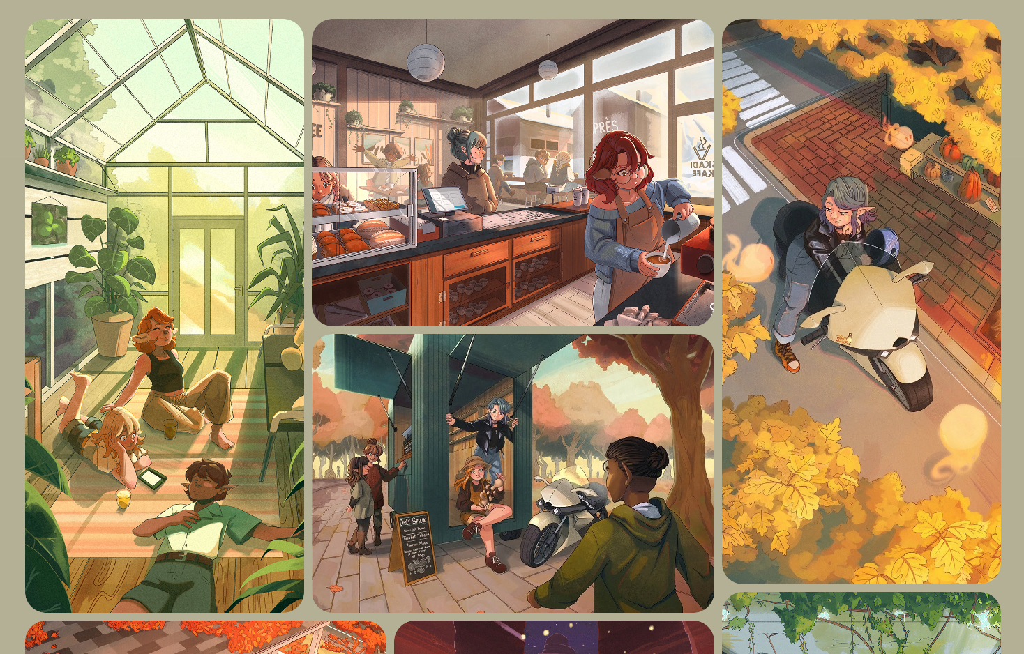 A screenshot from her portfolio with tons of graphics of different kinds of characters, enjoying the warm sun and the cool Christmas a fall featuring Girl on motorcycle from above, a girl sitting in her greenhouse with her friends, and a coffee coffe