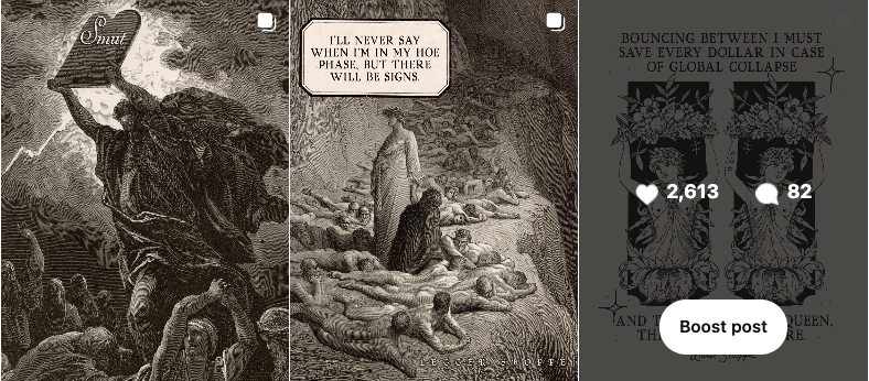 Three images from Instagram showing different medieval engraved drawings showing likes over 1000