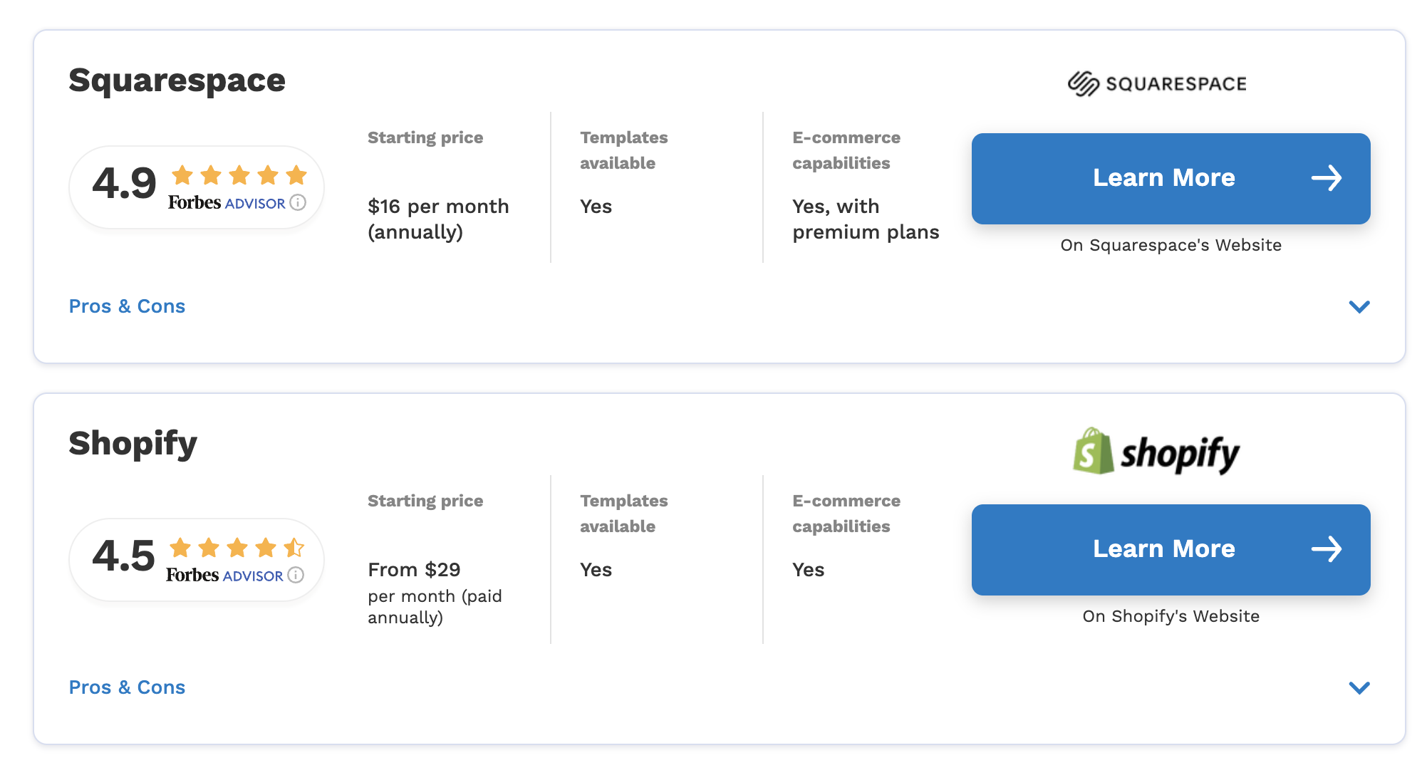 A screenshot of a online comparison between square space, and Shopify, and what e-commerce capabilities they have