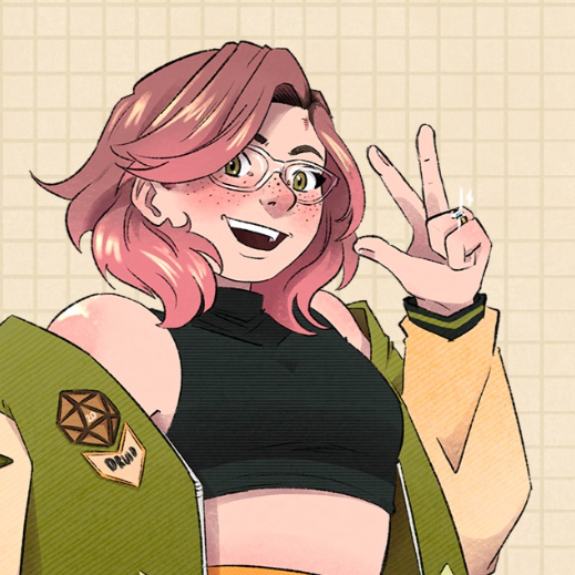 Illustration of a smiling woman with pink hair, glasses, freckles, wearing a black crop top, and a green jacket with patches, making a peace sign with her hand.