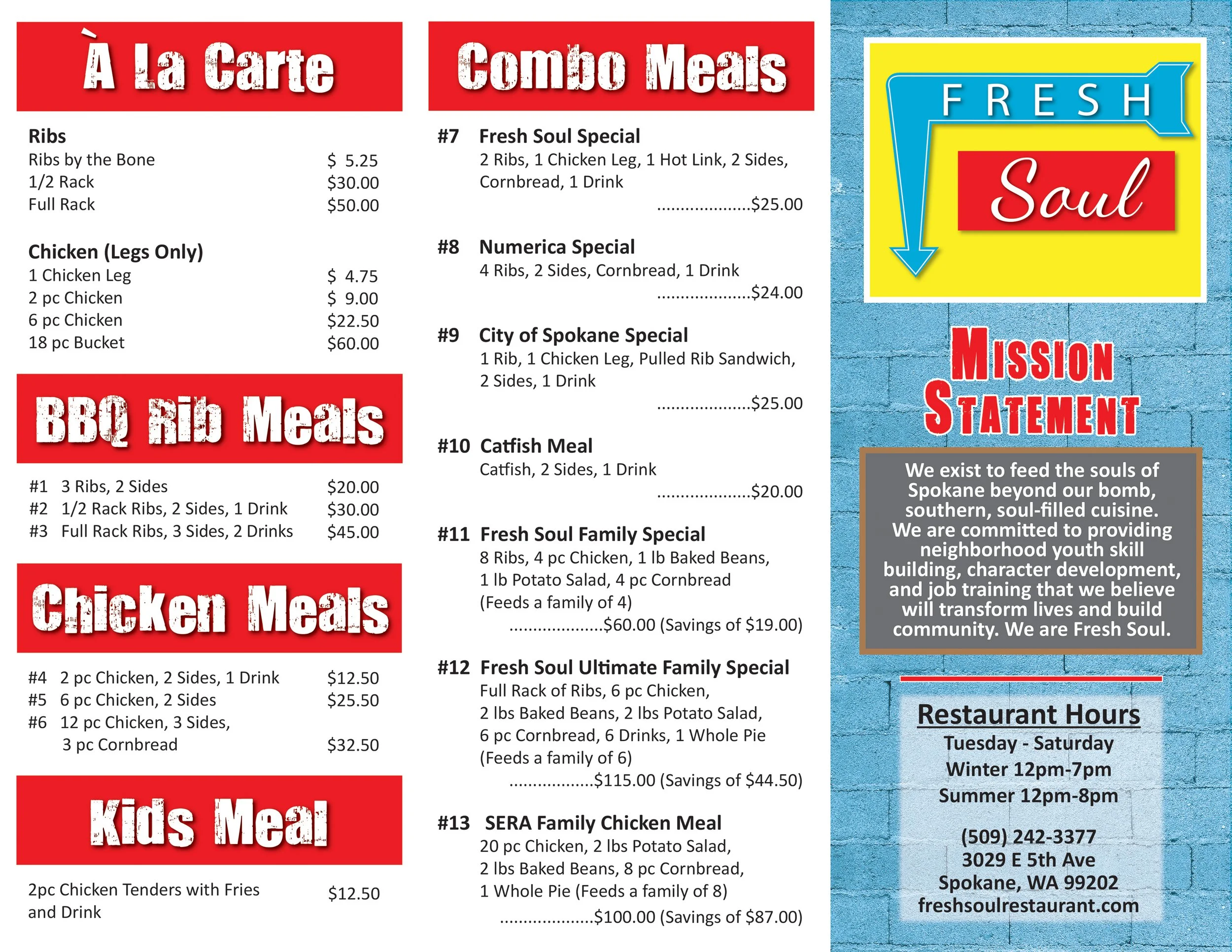 Front of the Fresh Soul Menu