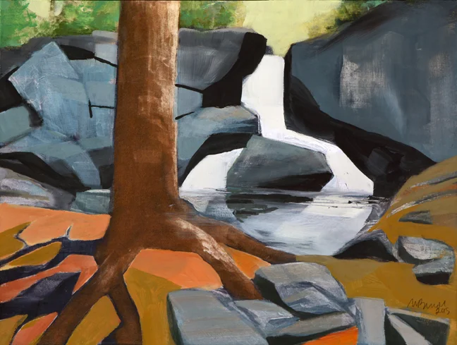 July Valley Falls with Standing Pine, 2015 12 X 16" Oil paint over sealed Silk-aquatint print on paper, mounted onto wood panel, unframed, available from Studio Fenario