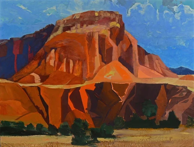 Red Rocks, As Above So Below, 2016 Mixed Media on Linen, 38 X 50" Depicts Kitchen Mesa near Ghost Ranch, NM Available September 4 to November 4 from Butters Gallery, Portland, OR
