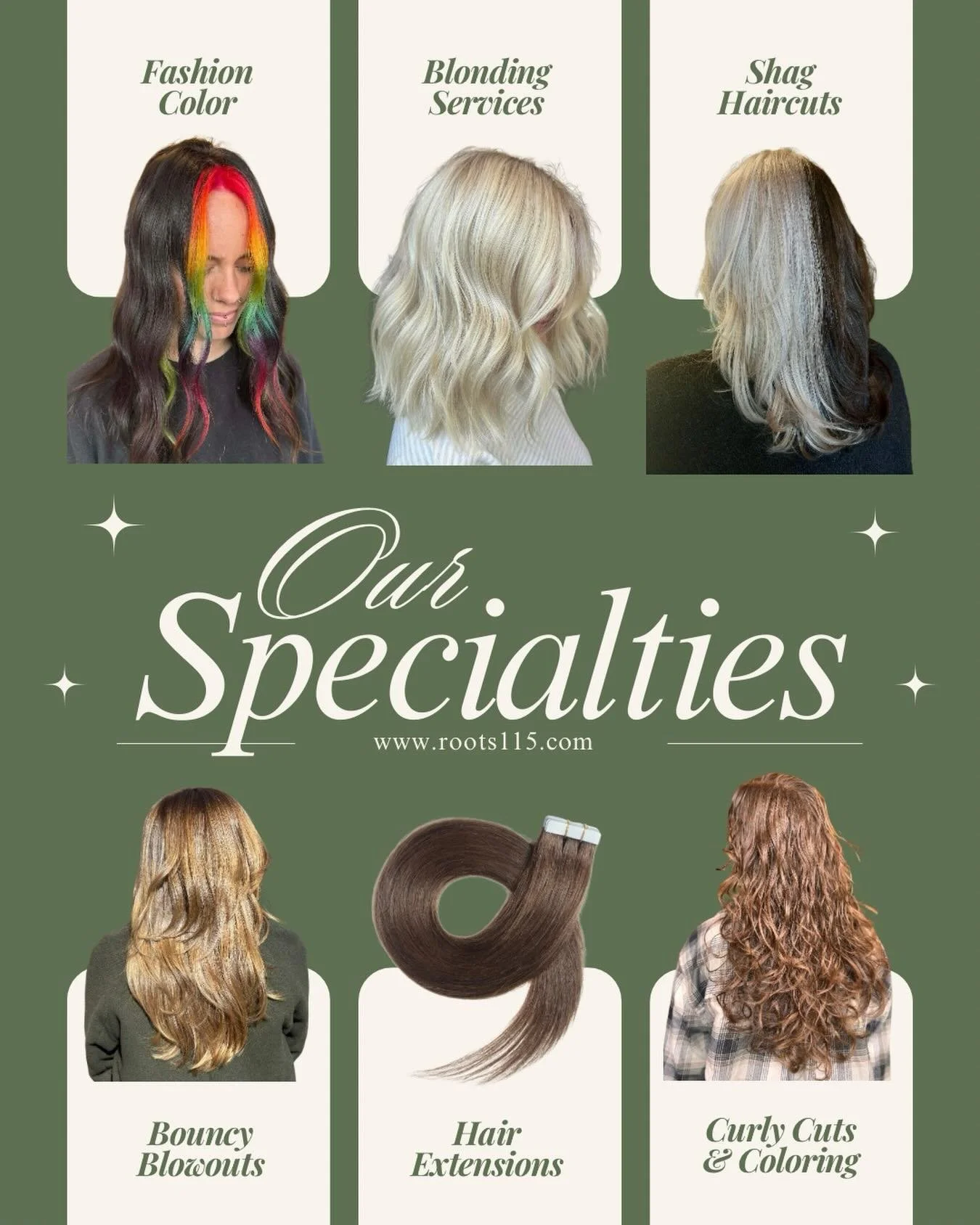Just a few of our specialties&hellip; ✨

Blonding, fashion color, curls, extensions, shag cuts &amp; bouncy blowouts&hellip; aka the services that make us extra excited to come to work. 🤍

Which one are you booking next? 🤔

#rootsbeautystudio #fort