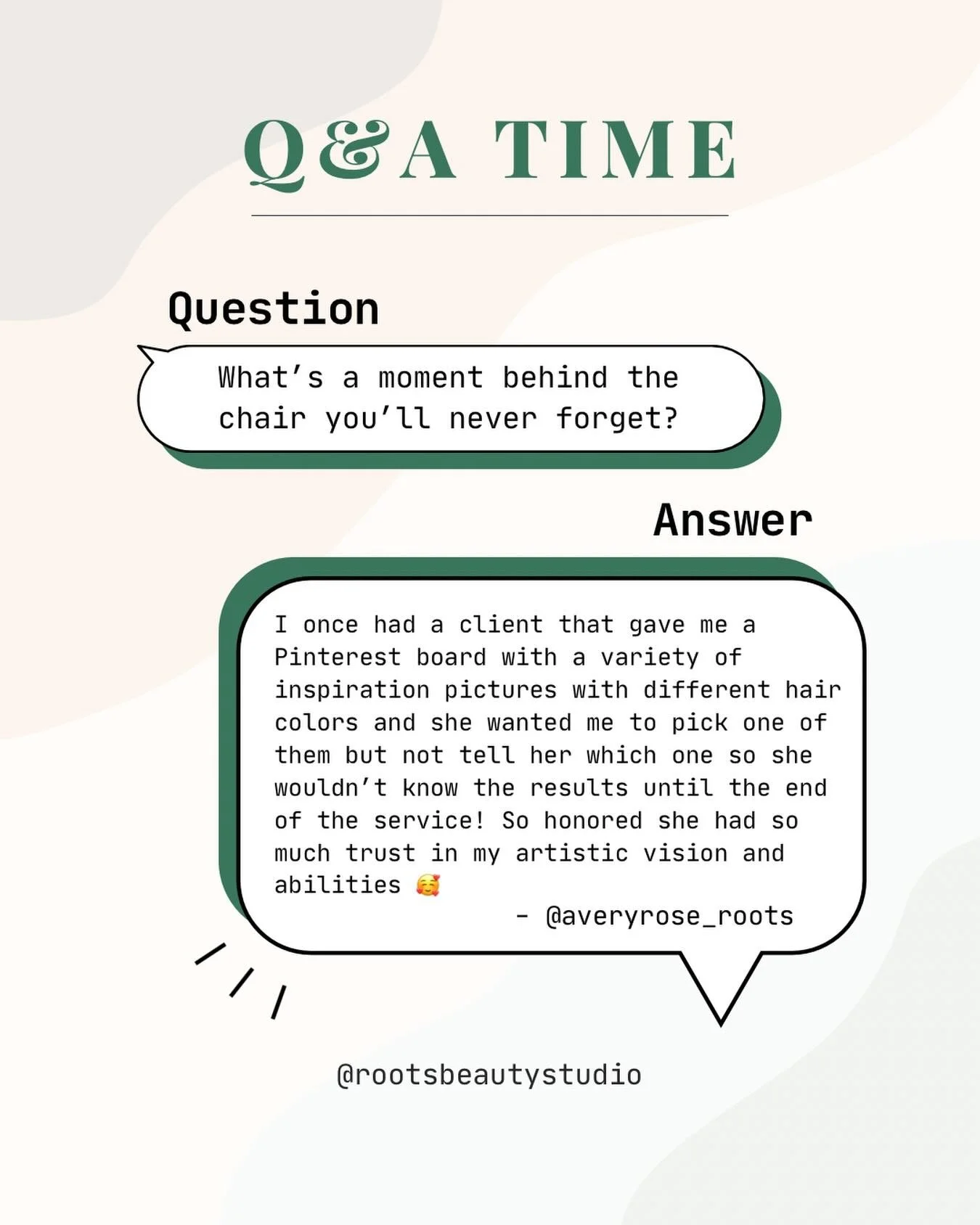 Q&amp;A time! 💬

This answer from Avery might be one of our favorites yet. Imagine walking into the salon, handing your stylist a Pinterest board, and saying, &ldquo;Surprise me.&rdquo; 😍

The trust. The creativity. The excitement of seeing the fin