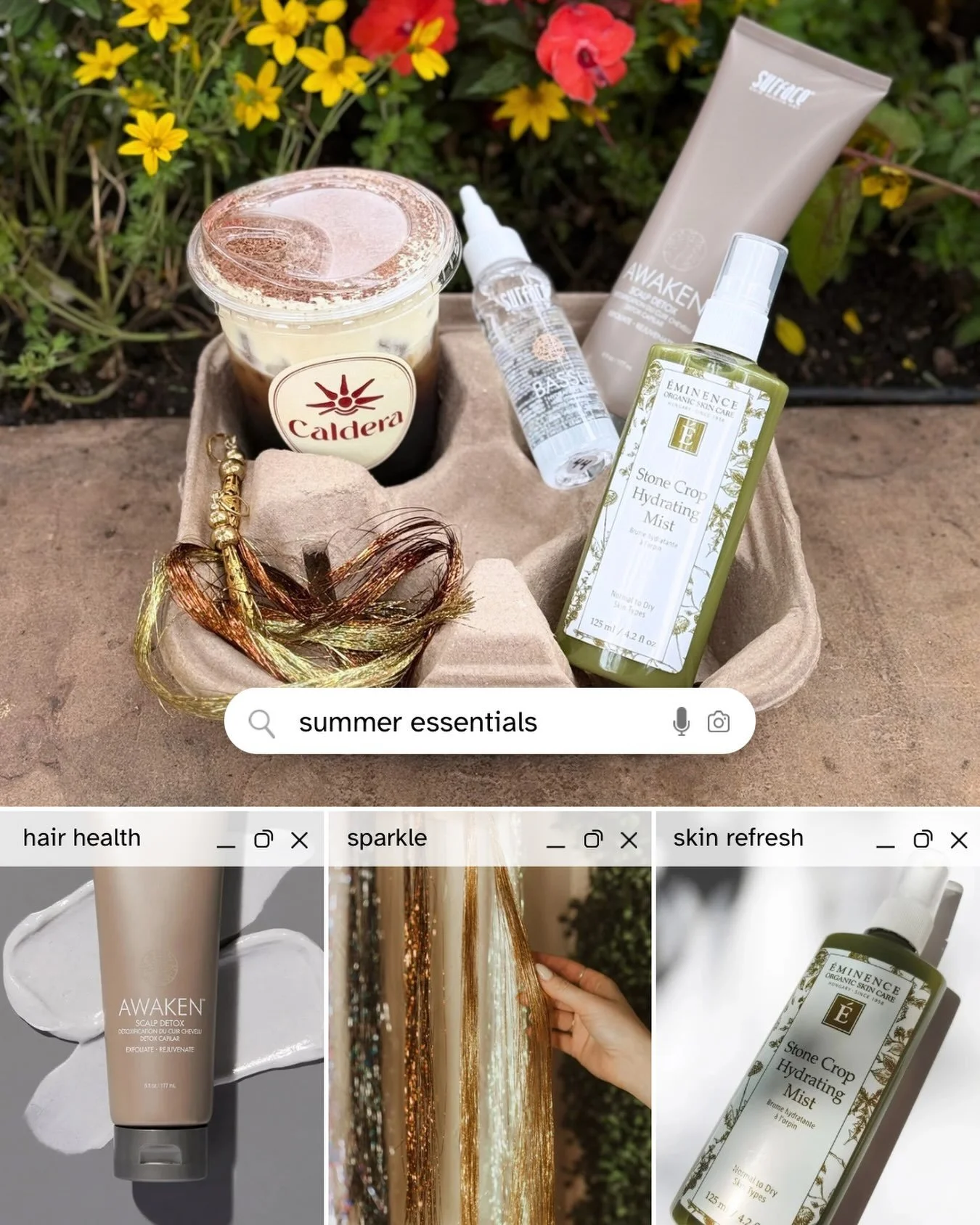 ☀️✨ Summer essentials, Roots edition ✨☀️

A pistachio cold brew from the newest sip spot in town, Caldera Sips ☕️, a few of our favorite warm-weather beauty must-haves, and a little sparkle for good measure. 💛

🌿 Surface Awaken Scalp Detox - the pe