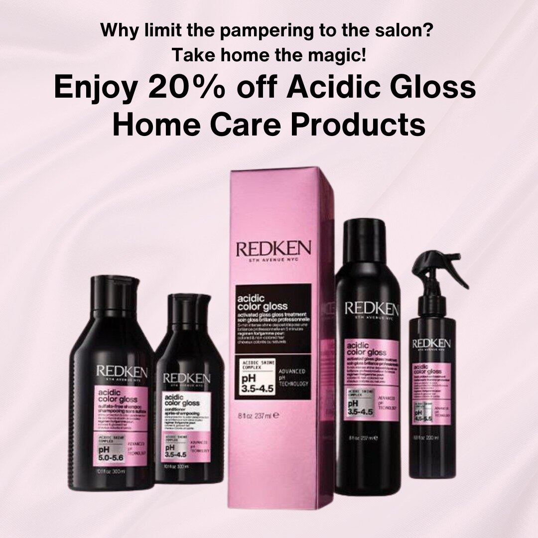 🏡 Bring the Salon Home 🏡 Transform your routine with our at-home Redken Acidic Gloss Treatment. Now at a special price! Weekly indulgence for your hair at your convenience. Grab the shampoo, conditioner, gloss treatment, and heat protectant at 20% 