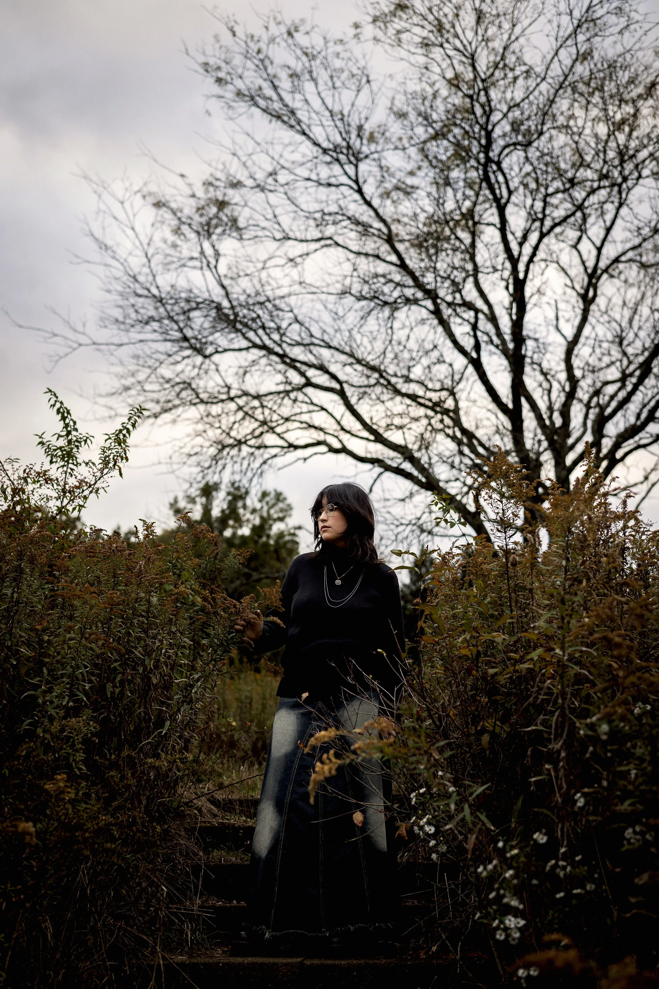 high school senior with alternative style stands on steps at churchill valley greenway and looks over at some goldenrod. There is a big moody tree in the background and it is autumn in pittsburgh