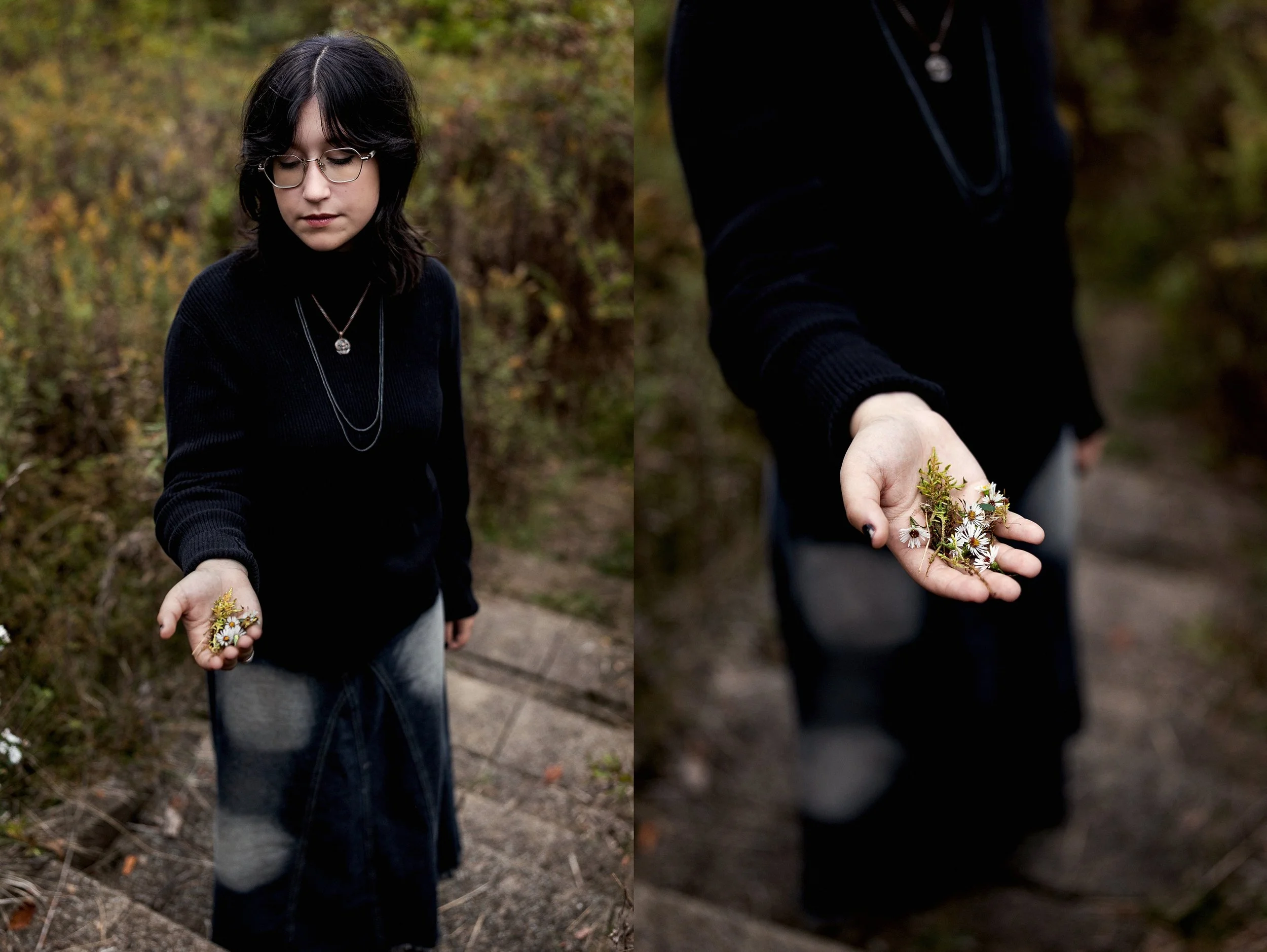 high school senior recreates iconic nick drake image and holds little flowers in her hand instead of mushrooms