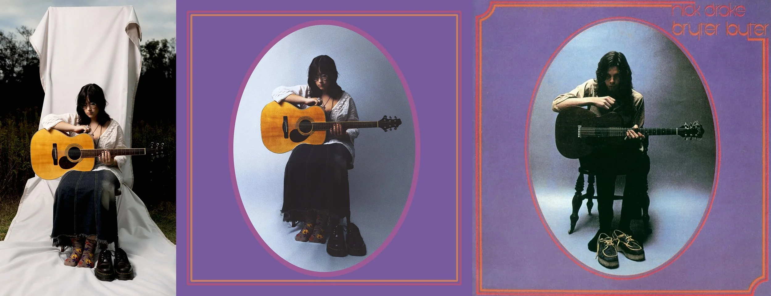 a photo collage showing the progression of a re creation of nick drake's bryter layter album cover