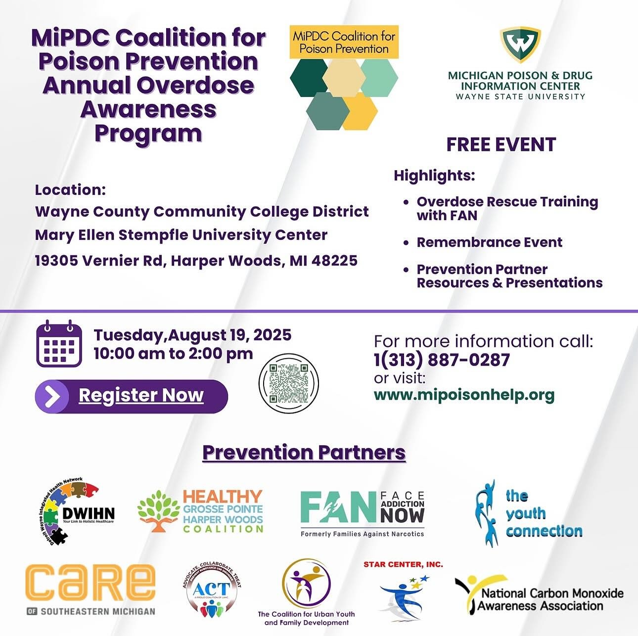The Annual MiPDC Coalition for Poison Prevention Overdose Awareness Program takes place on Tuesday, August 19th, 2025 from 10 am to 2 pm. Come out to this free event for prevention resources and information, overdose rescue training and tools, and re