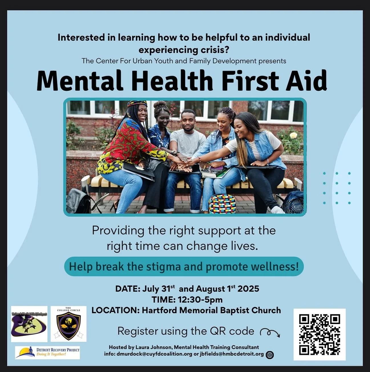 🧠✨ Mental Health First Aid Training! ✨🧠
Want to learn how to support someone experiencing a mental health or substance use crisis? Join us for a free, certified Mental Health First Aid training!

📍 Location: Hartford Memorial Baptist Church
📅 Dat