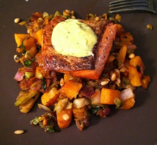 Crispy Salmon with Butternut Squash and Brussels Sprouts Hash