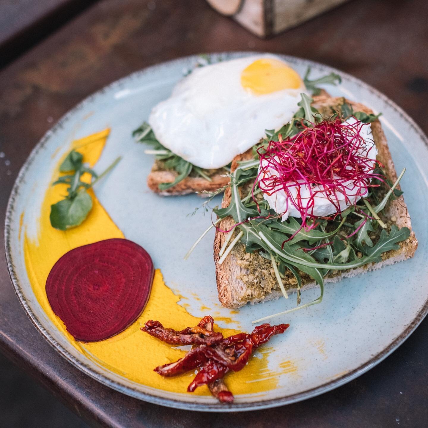 Sometimes very simple - can taste the best.

We don&rsquo;t want to hide the beautiful tastes of deep pesto, creamy goat cheese, sharp arugula and the rich yolk of an organic egg.

24 hour fermented sourdough bread, brought fresh in the morning and a