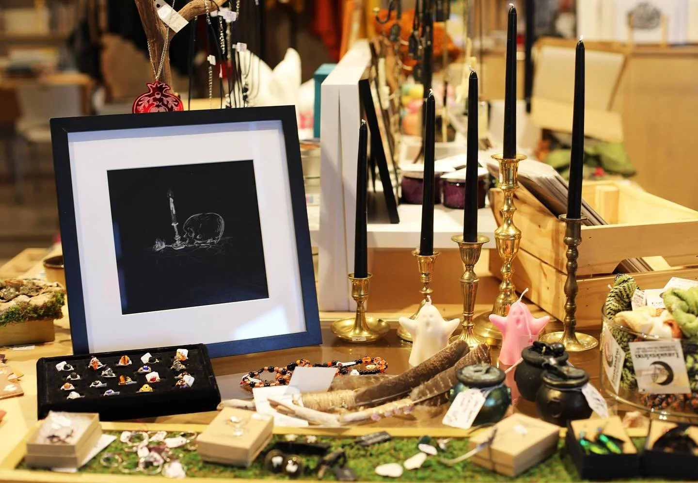 In just a few weeks we&rsquo;ll open our doors to our 🕸️ 𝗪𝗜𝗖𝗞𝗘𝗗 𝗕𝗢𝗢-𝗧𝗜𝗤𝗨𝗘 🕸️ where you&rsquo;ll find all things spooky, witchy, and spellbinding. Shop original art, fall candle scents, vintage home decor, bewitching jewelry, and more.