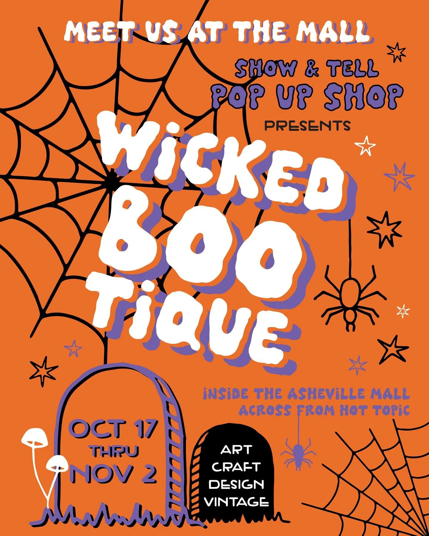 Meet us at the mall this Friday! The 𝗪𝗜𝗖𝗞𝗘𝗗 𝗕𝗢𝗢-𝗧𝗜𝗤𝗨𝗘 is opening for two weeks inside the Asheville Mall where you&rsquo;ll find a ghoulish collection of art, craft, and vintage finds. 

🕸️ 𝗪𝗜𝗖𝗞𝗘𝗗 𝗕𝗢𝗢-𝗧𝗜𝗤𝗨𝗘
OCT 17 - NOV 2