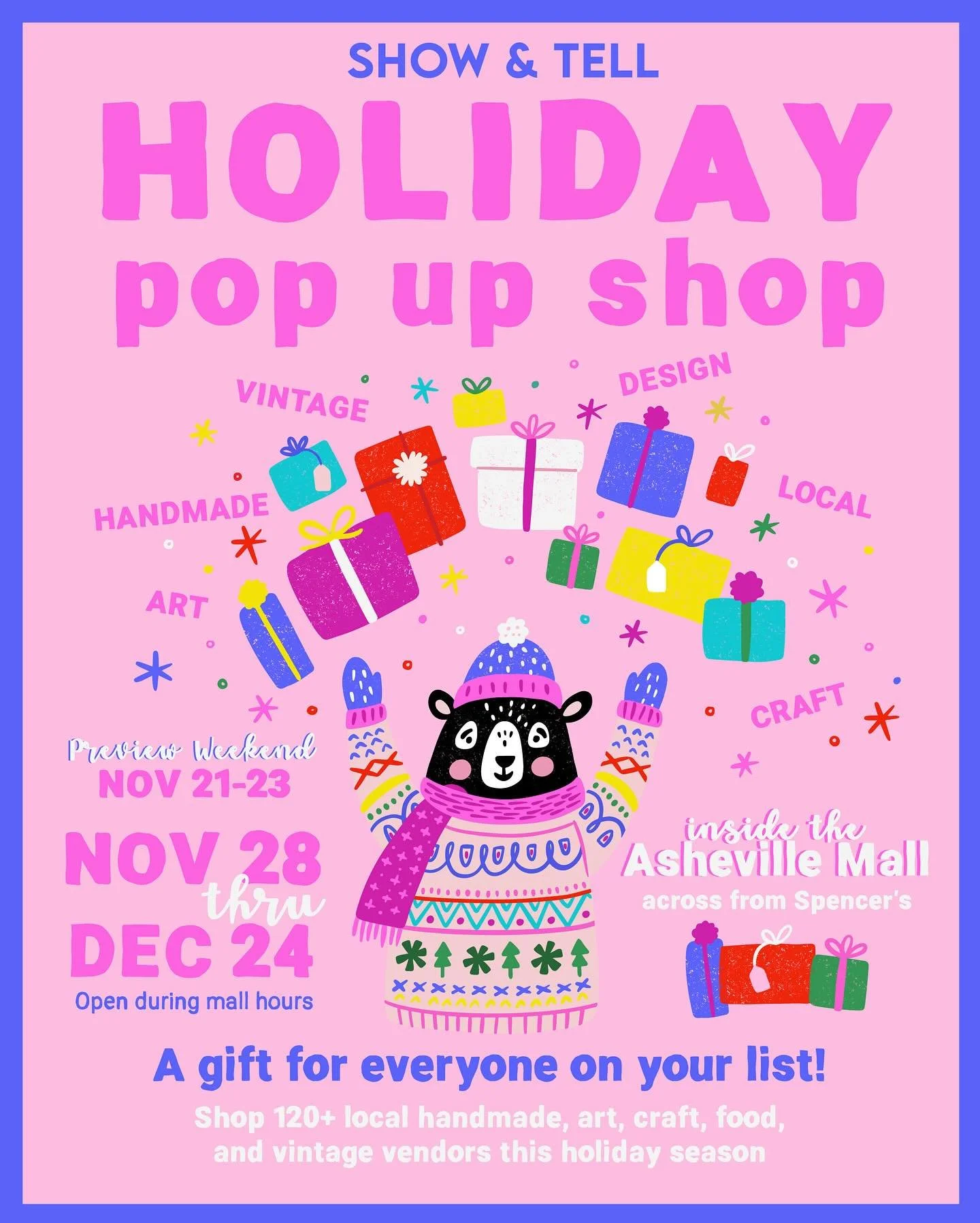 Let&rsquo;s all go to the mall to shop local this holiday season! We&rsquo;re a week away from opening our doors to our 11th Annual Holiday Pop Up Shop. Featuring over 120 vendors, you&rsquo;re sure to find a gift for everyone on your list!

𝗪𝗛𝗘𝗡