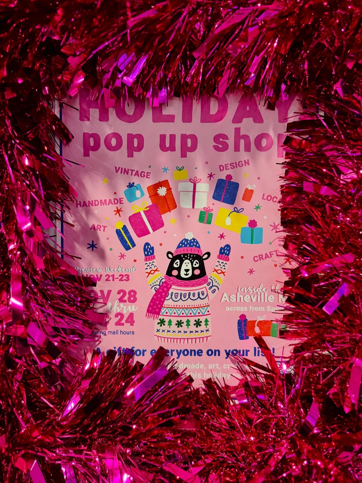 See you at the Holiday Pop Up Shop this weekend✨

𝗪𝗛𝗘𝗡
Open daily now until Dec 24 during mall hours

This weekend&rsquo;s hours:
Sat 12/13 | 10am-9pm
Sun 12/14 | 11am-8pm

𝗪𝗛𝗘𝗥𝗘
Asheville Mall
3 S Tunnel Rd, Asheville, NC 28805
near Spencer