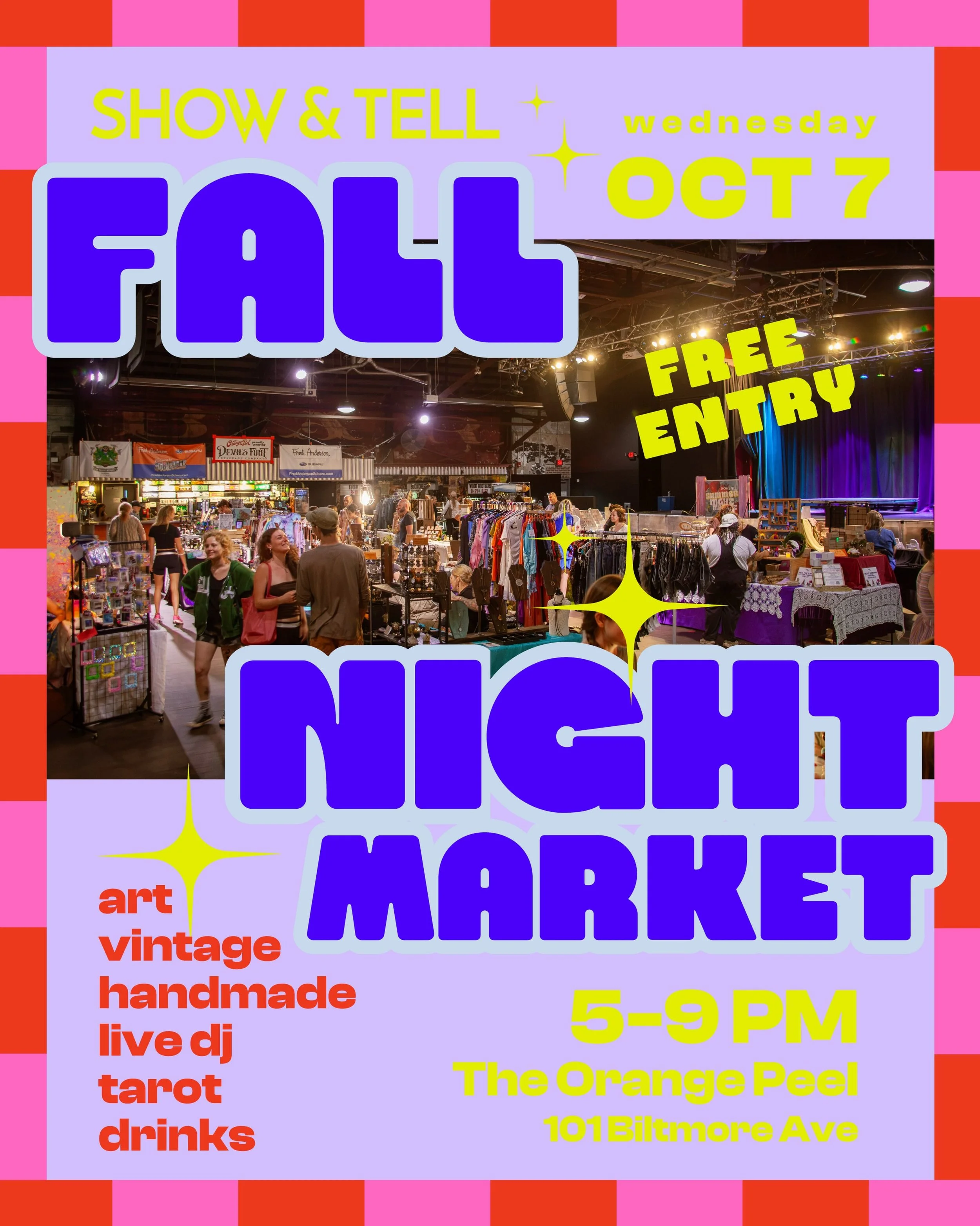 See you soon! Shop local and support amazing vendors at the 𝙁𝙖𝙡𝙡 𝙉𝙞𝙜𝙝𝙩 𝙈𝙖𝙧𝙠𝙚𝙩 @the_orange_peel!

🍁 𝙁𝙖𝙡𝙡 𝙉𝙞𝙜𝙝𝙩 𝙈𝙖𝙧𝙠𝙚𝙩
📅 Wednesday, October 7
⏱️ 5-9pm
📍The Orange Peel, Downtown Asheville
⭐ FREE TO ATTEND

🛍️ Shop art,