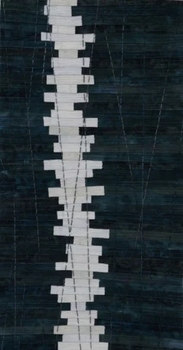 Totems #5 (storm lashing) 9"x19"x2" cotton, dye, thread, mounted on bent aluminum