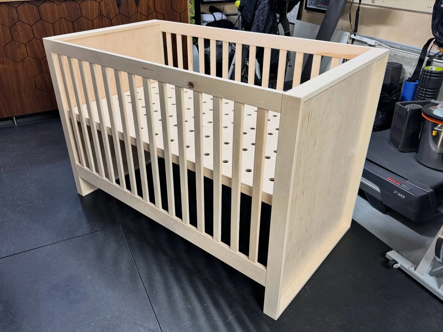 Wrapped up a custom crib build this week.

Solid, simple, and built to last &mdash; with one final design detail still to come. The end panels will get a layer of vertical half-round dowels, pushing it fully into modern / midcentury modern territory.