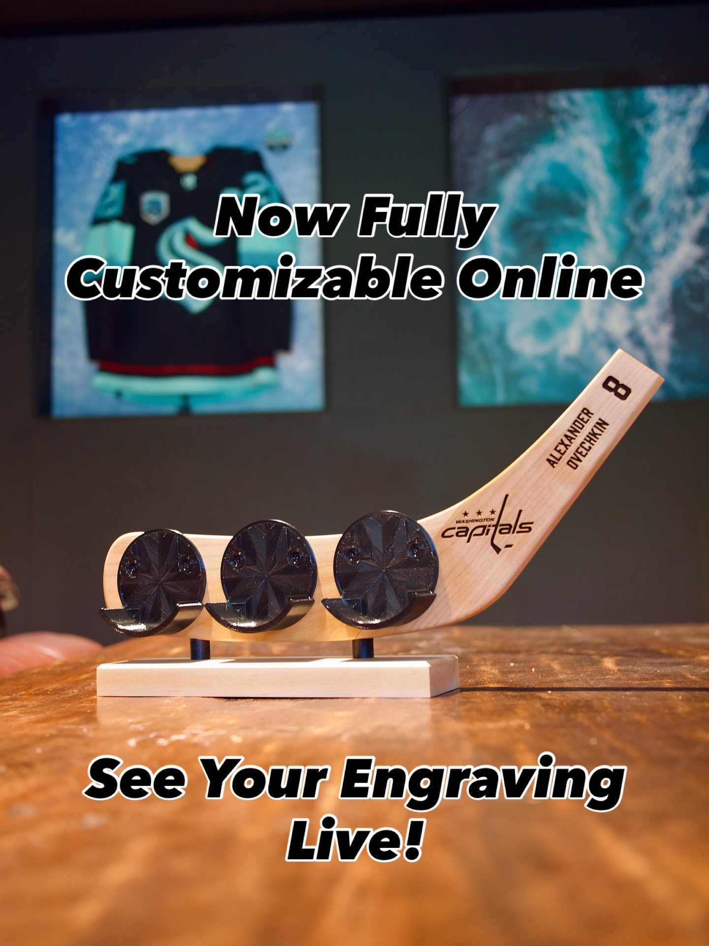 🏒🔥 Big News! 🔥🏒

The Hat Trick Holder is here &mdash; a handcrafted 3-puck display made from real wood and now fully customizable on our website.

✨ Choose your base wood &mdash; Maple, Walnut, or Wenge.
✨ Add your favorite team logo and player n