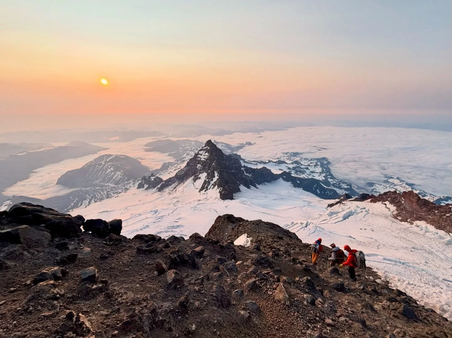 6am on the way down Disappointment Cleaver.

Looking out over Little Tahoma&mdash;one of those moments that just sticks with you. The light, the scale, the feeling of being completely out there.

That experience is what inspired this piece.

Now it l