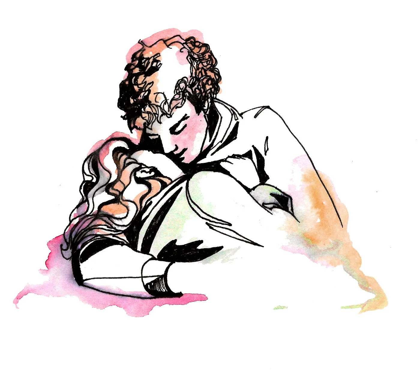 The loving couple - ink drawing with watercolor. An Illustration for a poem book.